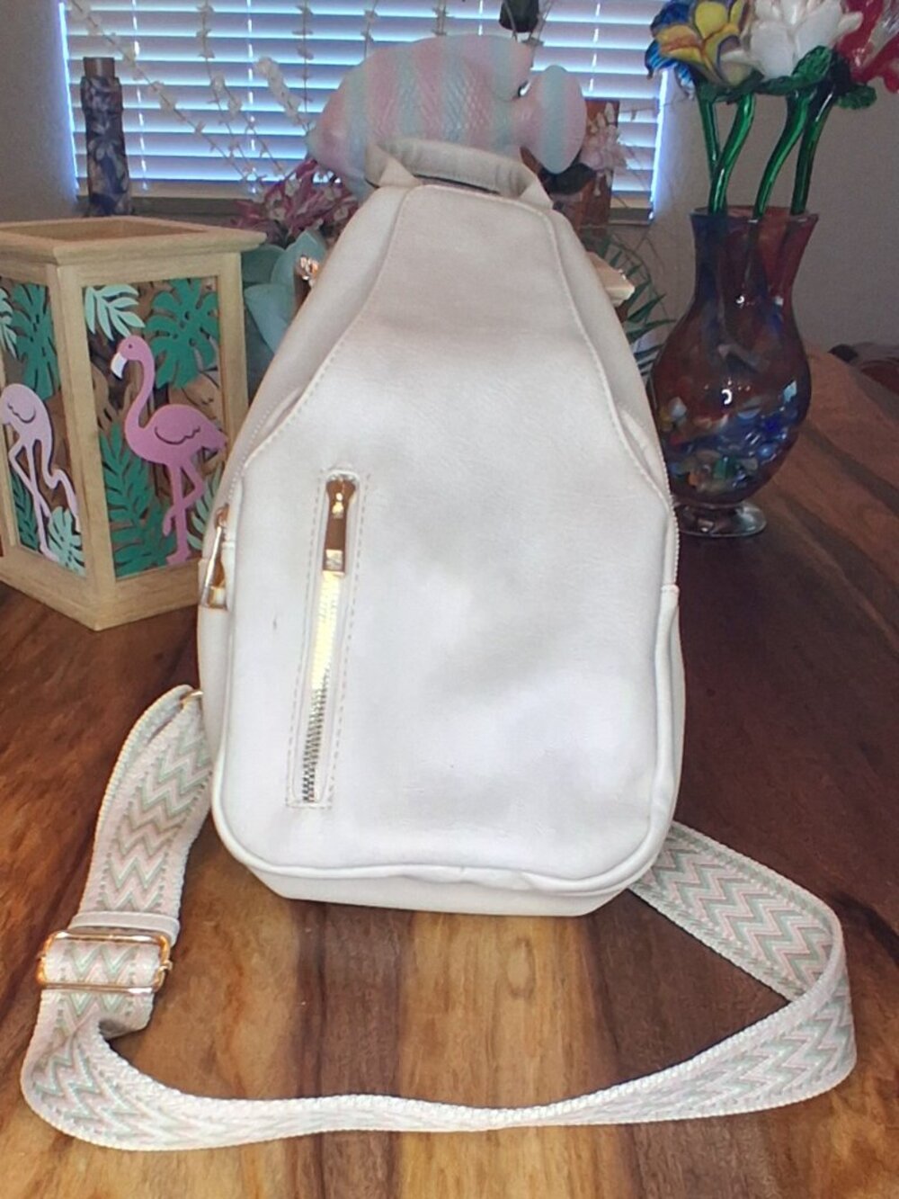 Cream Vegan Leather Sling Bag Guitar Strap Crossbody Chest Pack Flap